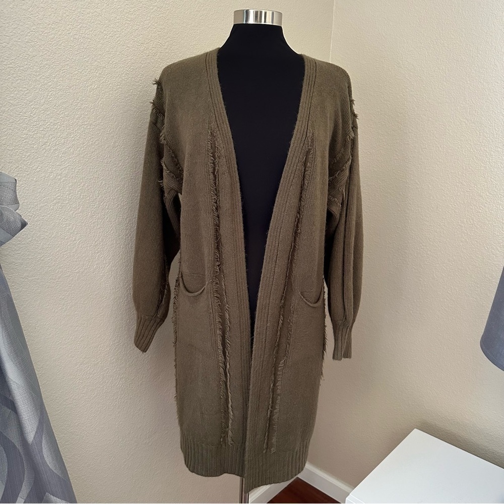 Angie Open Front Army Green Long Cardigan Size M